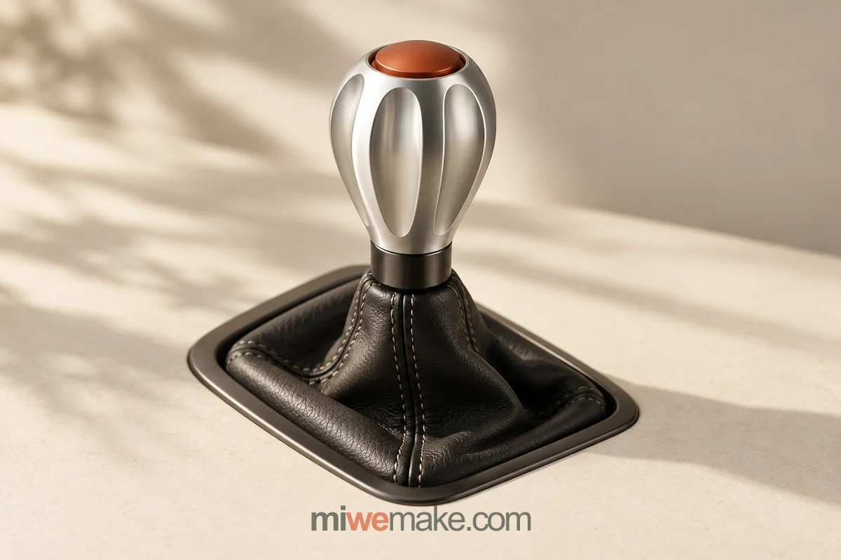 Human–AI co-created concept of a fluted aluminium gear knob with a terracotta cap on a black leather shift boot