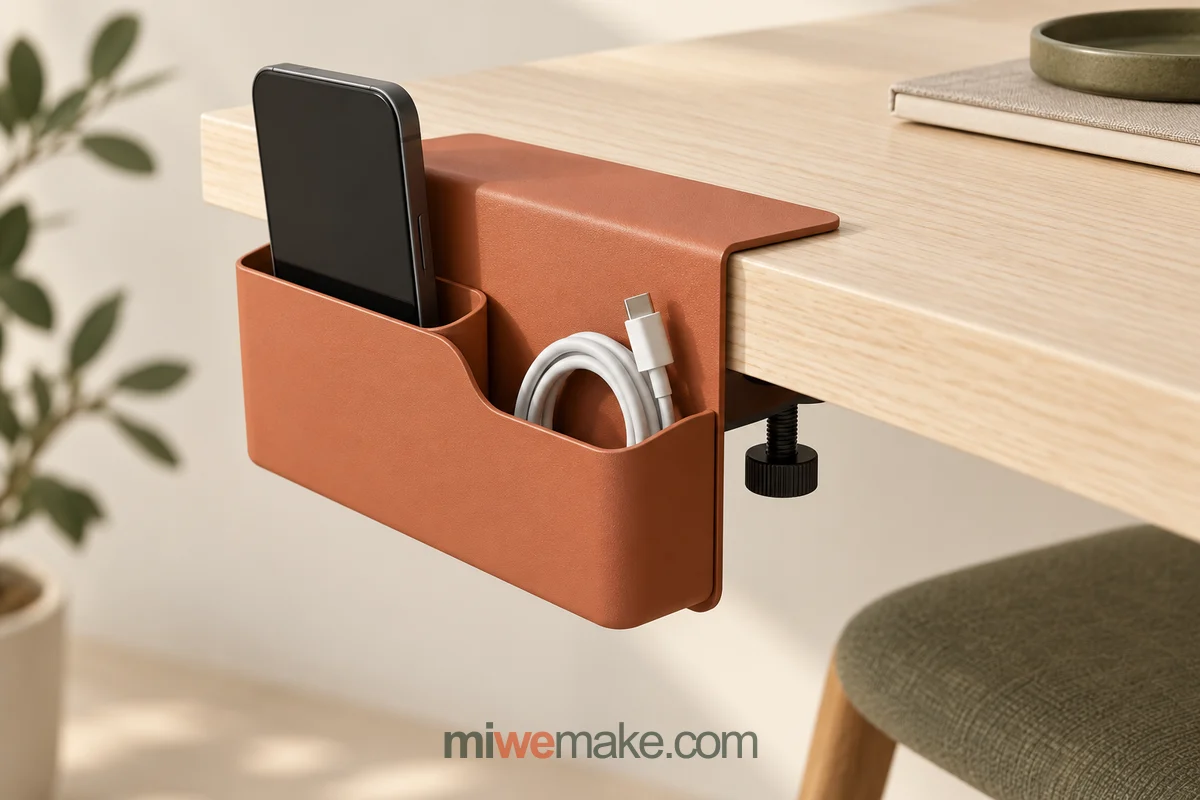 Human–AI co-created concept of a terracotta metal desk-edge pocket holding a phone and cable, with an underside clamp