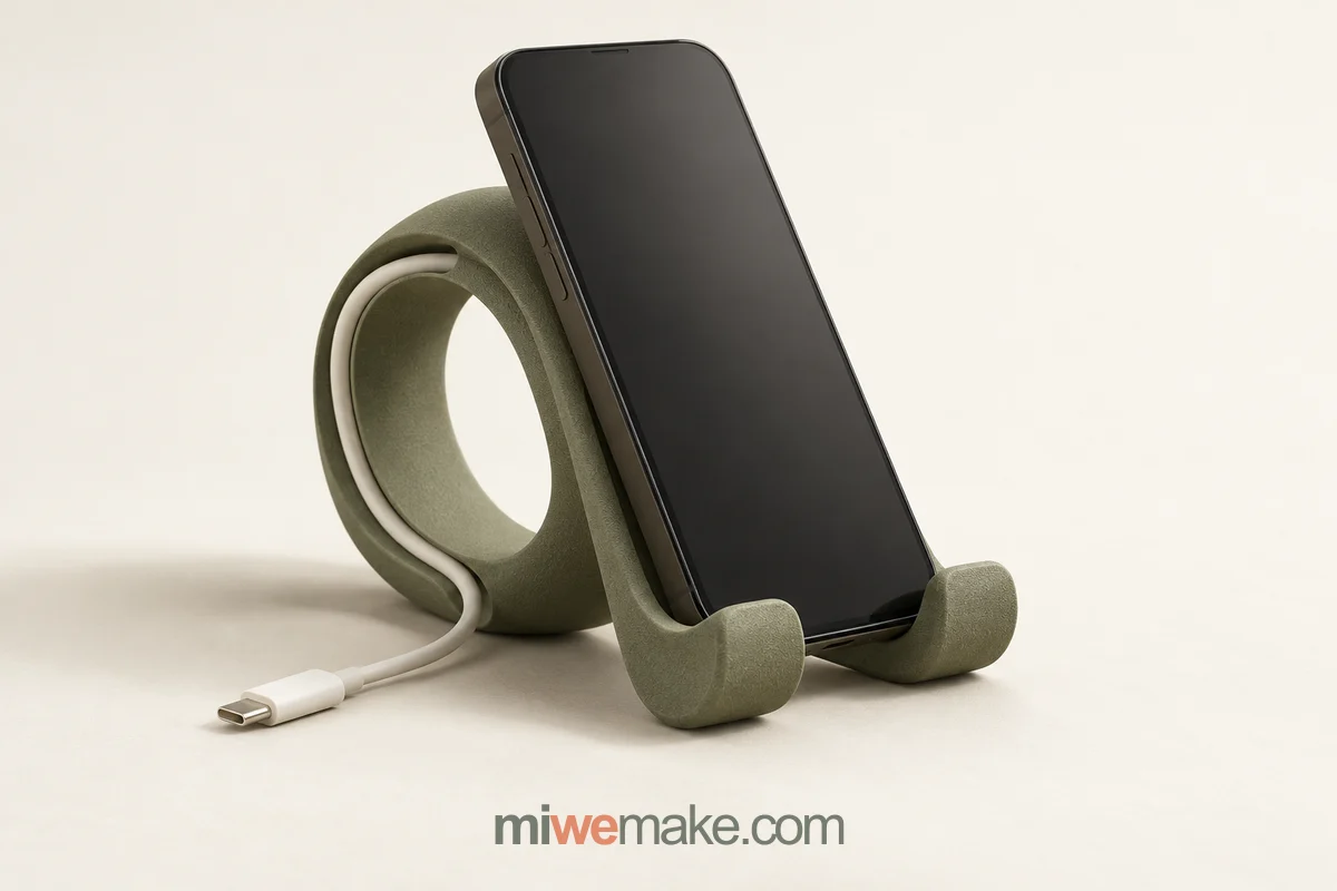 Human–AI co-created concept of an olive loop-shaped phone stand with an open cable channel and broad feet