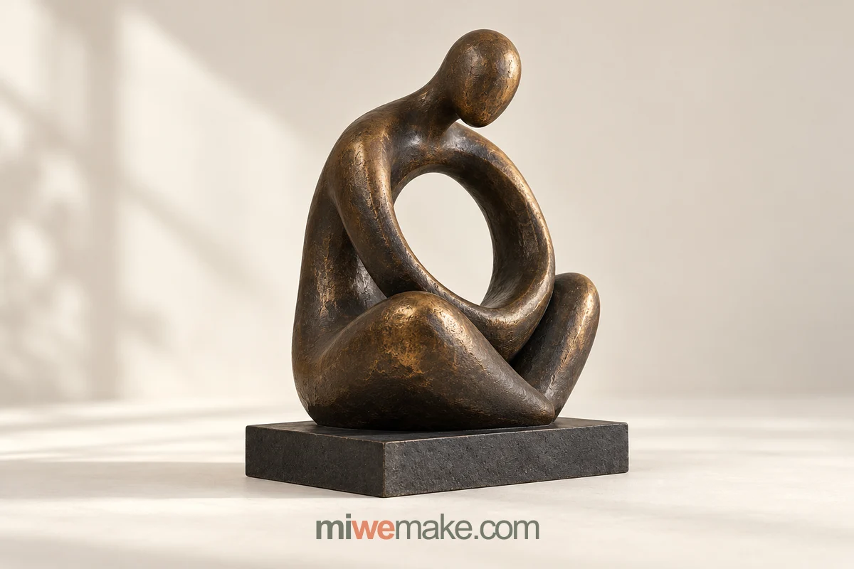 Human–AI co-created concept of a seated bronze-coloured abstract figure with an oval opening on a charcoal plinth