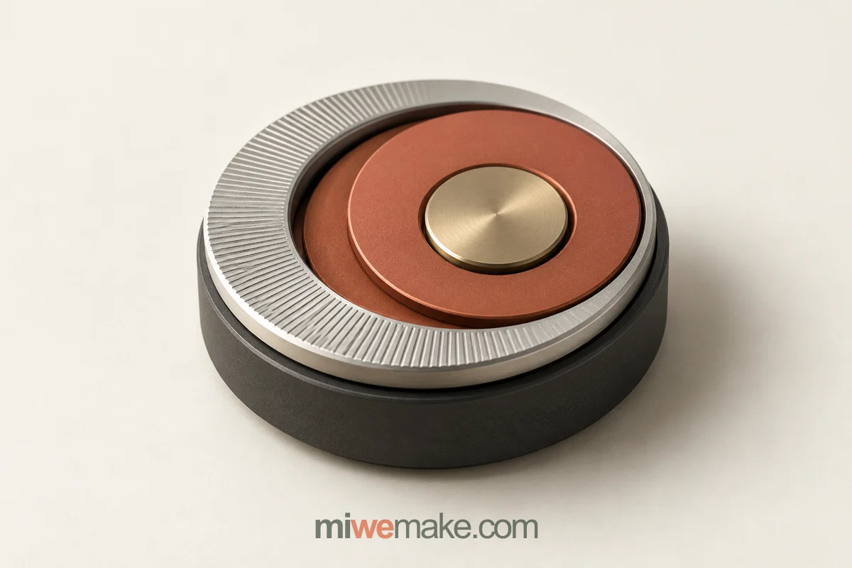 Human–AI co-created concept of a tactile metal dial with silver, terracotta and brass nested discs
