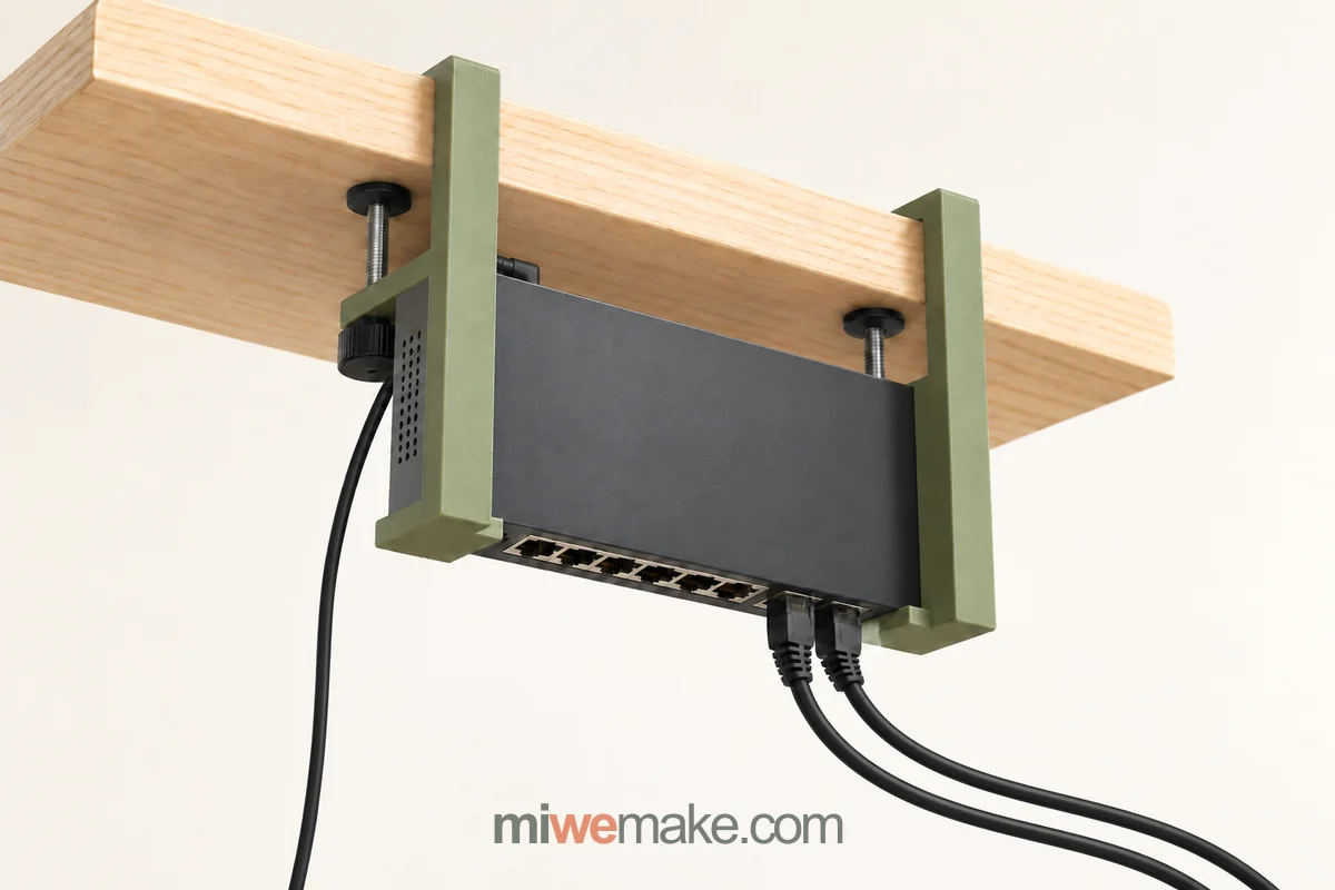 Human–AI co-created concept of two olive side clamps and support lips holding a network switch below a desk, with ports and cables facing down